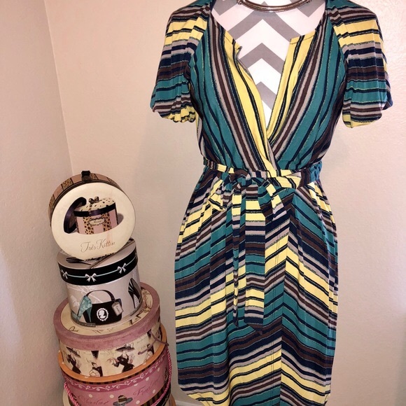 Green and Yellow Striped Wrap Dress - Picture 2 of 4
